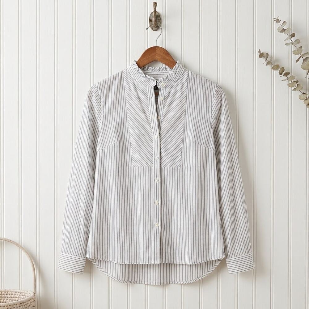 Talbots Pinstipe Button Bibbed Blouse Long Sleeve Semi-Sheer Cotton Small